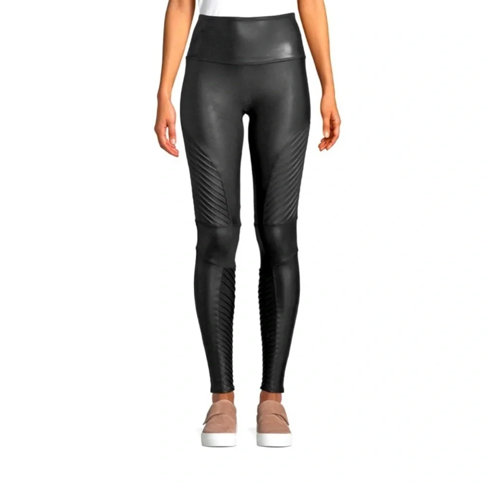 SPANX Faux Leather Moto Leggings In Black Excellent Condition Size L